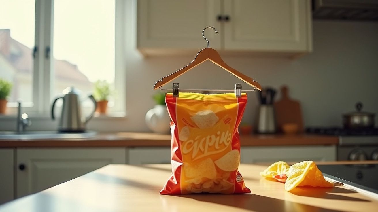 Pacote de batatas fritas pendurado em um cabide sobre a mesa de cozinha bem iluminada.