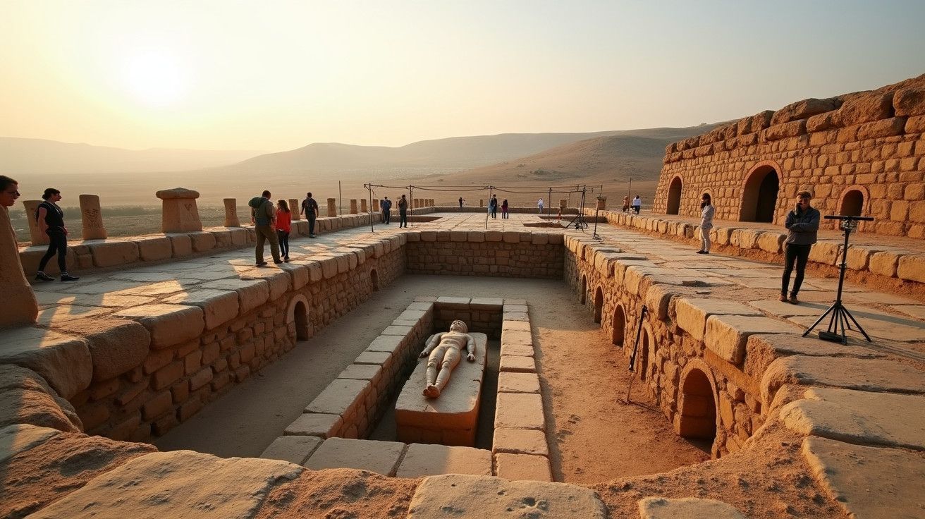 Ruínas antigas ao pôr do sol com estátua deitada em sarcófago e visitantes ao redor, montanhas ao fundo.