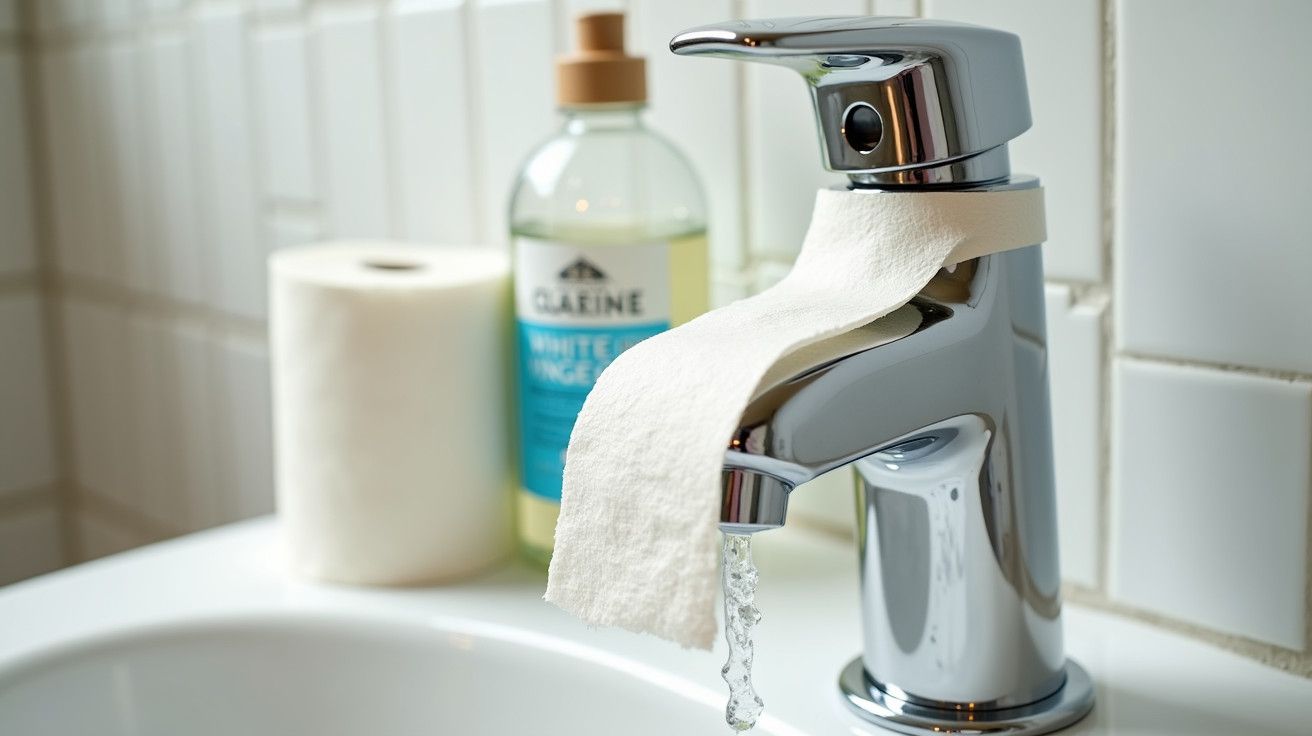 Torneira de metal com água corrente, papel higiênico e frasco de sabonete líquido ao fundo em banheiro.