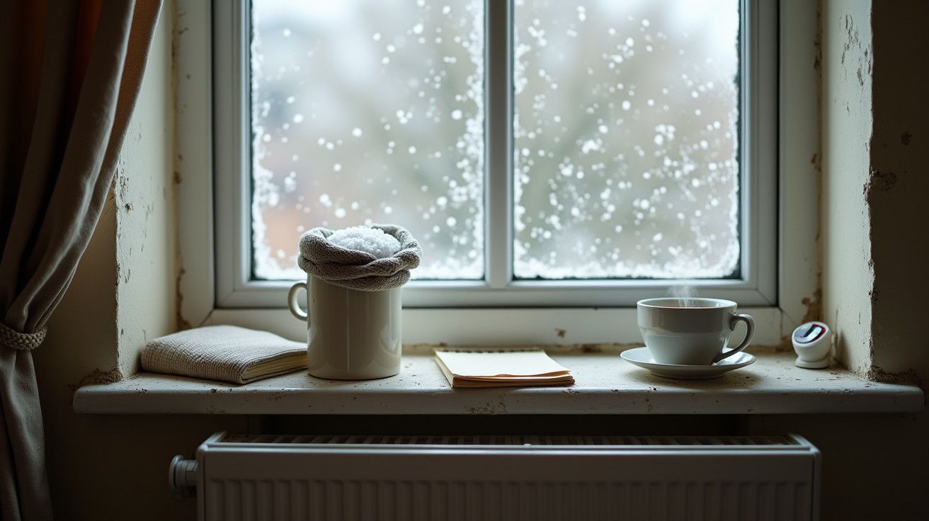 Vista de janela com neve, xícara de chá e livro na mesinha; ambiente acolhedor e inverno ao fundo.
