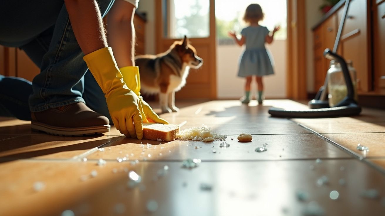 Pessoa limpando vidro quebrado no chão da cozinha; criança e cachorro ao fundo.