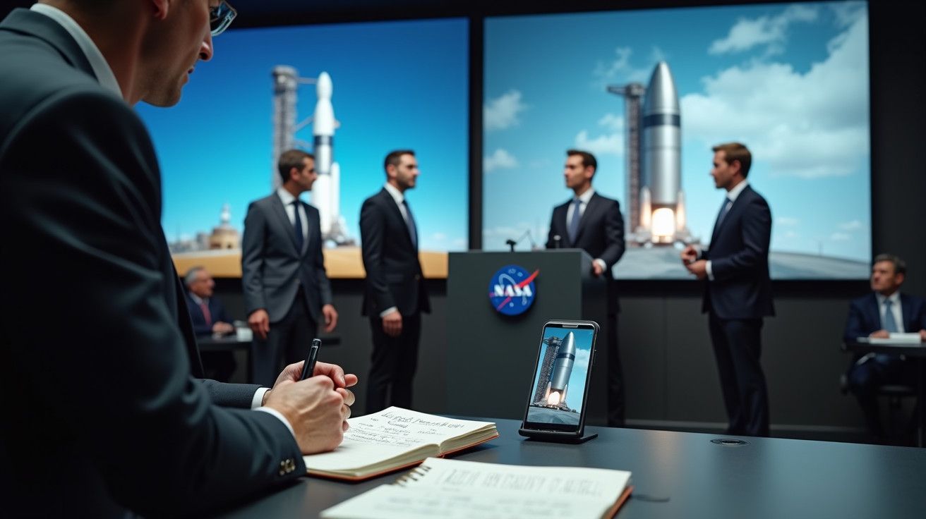 Homens em terno conversam em frente a telas com imagens de foguetes. Notas e celular são visíveis sobre a mesa.