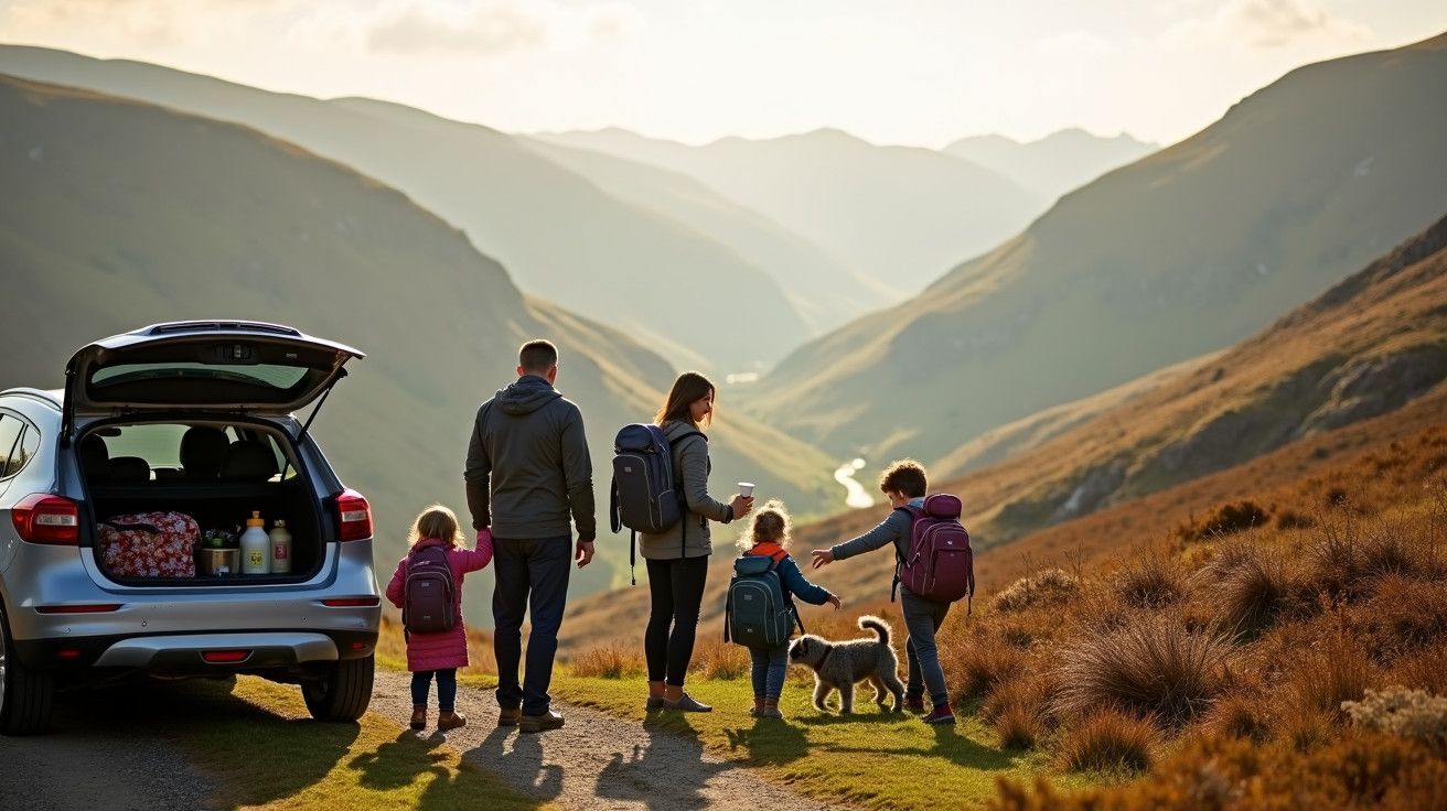 Família com mochilas e cachorro em trilha montanhosa, ao lado de carro aberto, contemplando o vale ao entardecer.