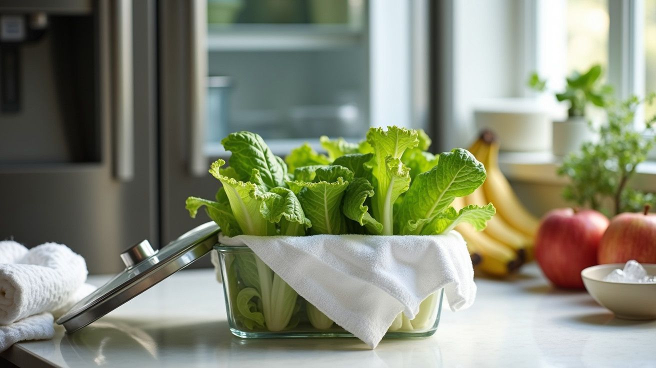 Alface fresca em um pote de vidro na cozinha, com frutas e toalhas ao fundo.
