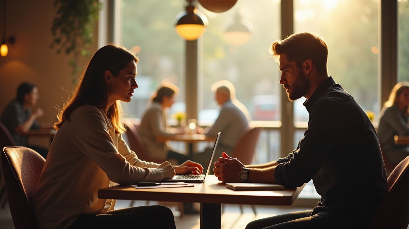 Homem e mulher conversam em mesa de café iluminada pelo sol, com laptop aberto, em ambiente descontraído.