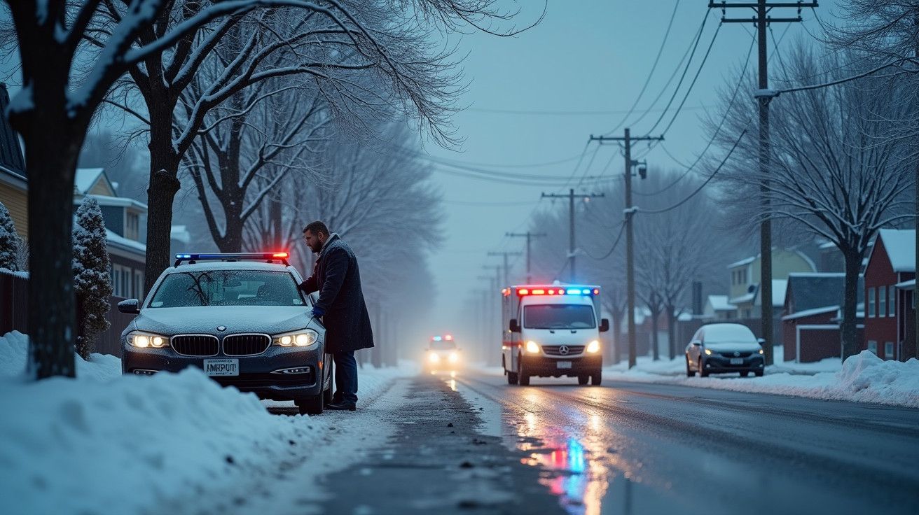 Carro da polícia parado em rua nevada enquanto policial conversa com motorista; ambulância ao fundo.