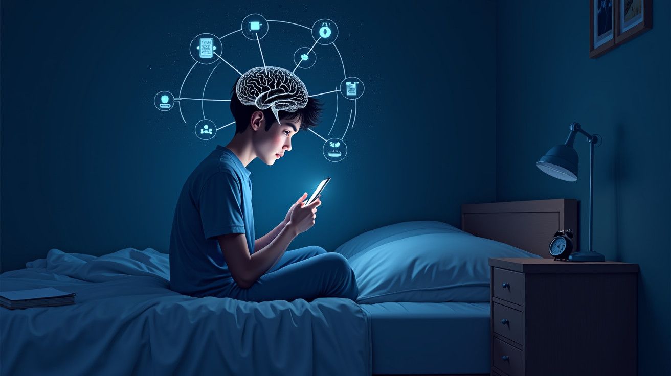 Jovem sentado na cama à noite, usando smartphone. Ícones de tecnologia e cérebro conectados flutuam acima dele.