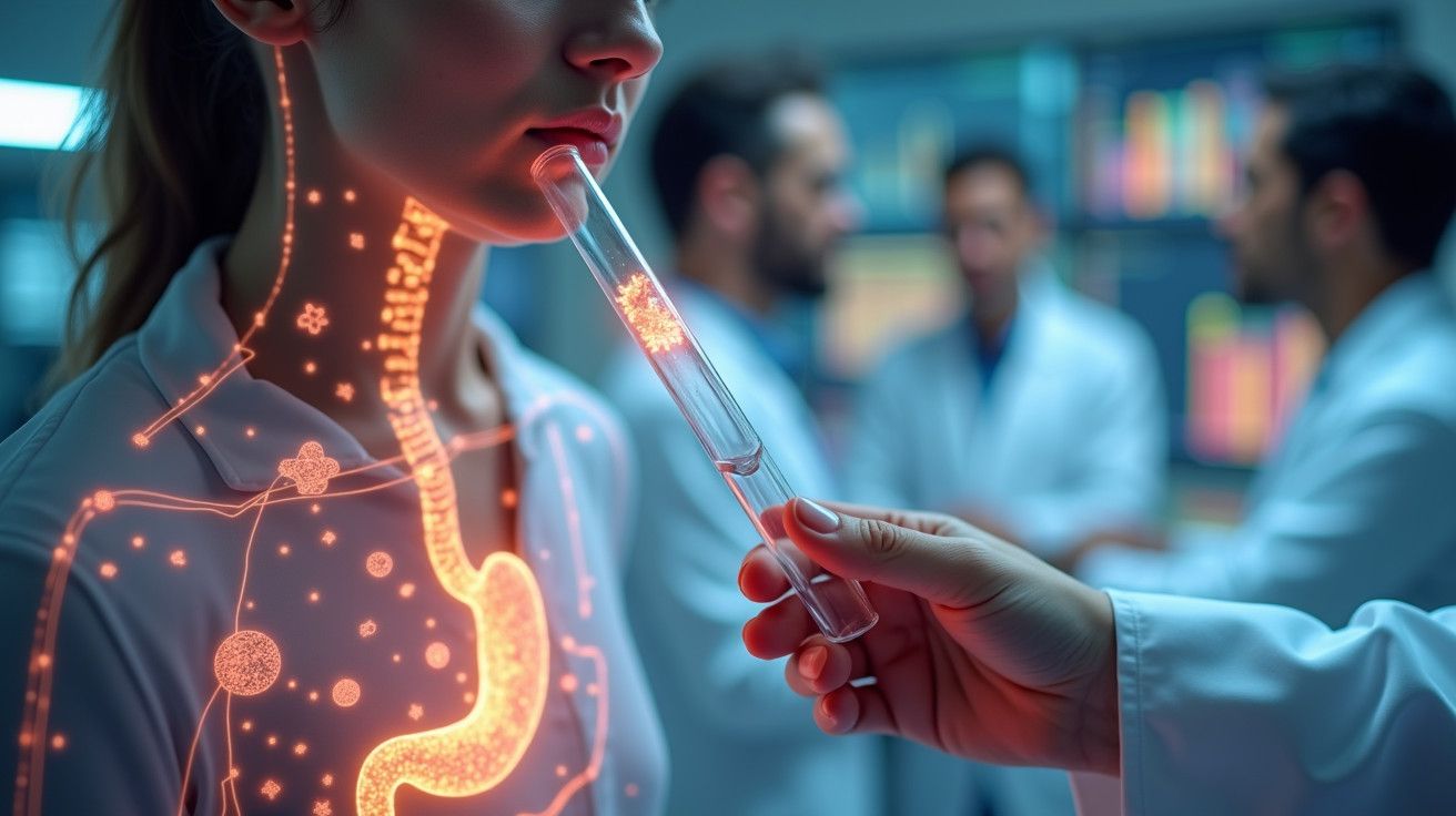Mulher em laboratório com imagem holográfica de sistema digestivo, segurando um tubo de ensaio. Pessoas ao fundo.