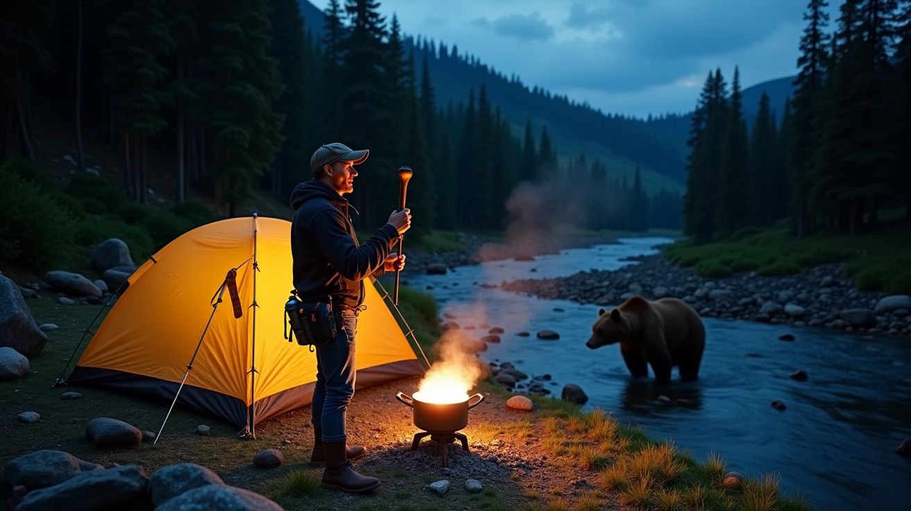 Homem acampando à beira de um rio observa urso ao longe, com fogo em uma panela e uma barraca amarela ao fundo.