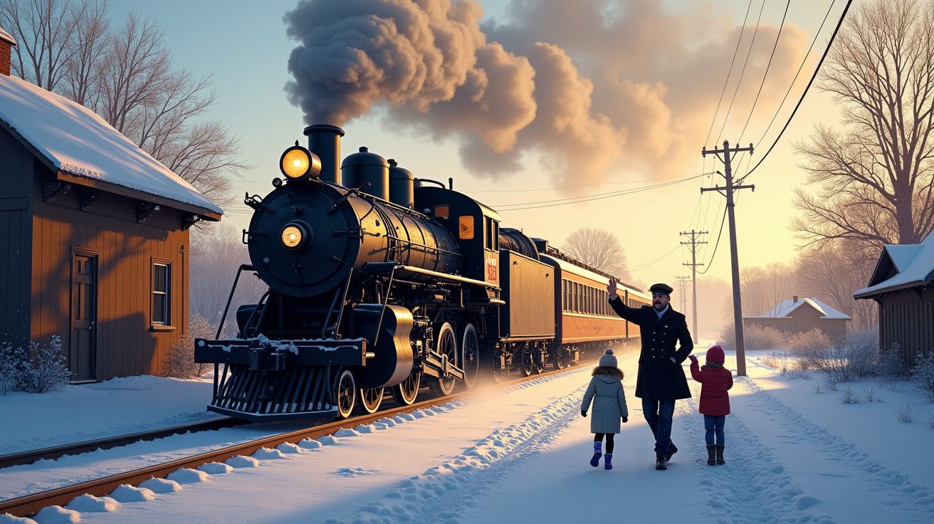 Locomotiva a vapor em trilhos cobertos de neve com três pessoas caminhando ao lado de casas de madeira ao anoitecer.