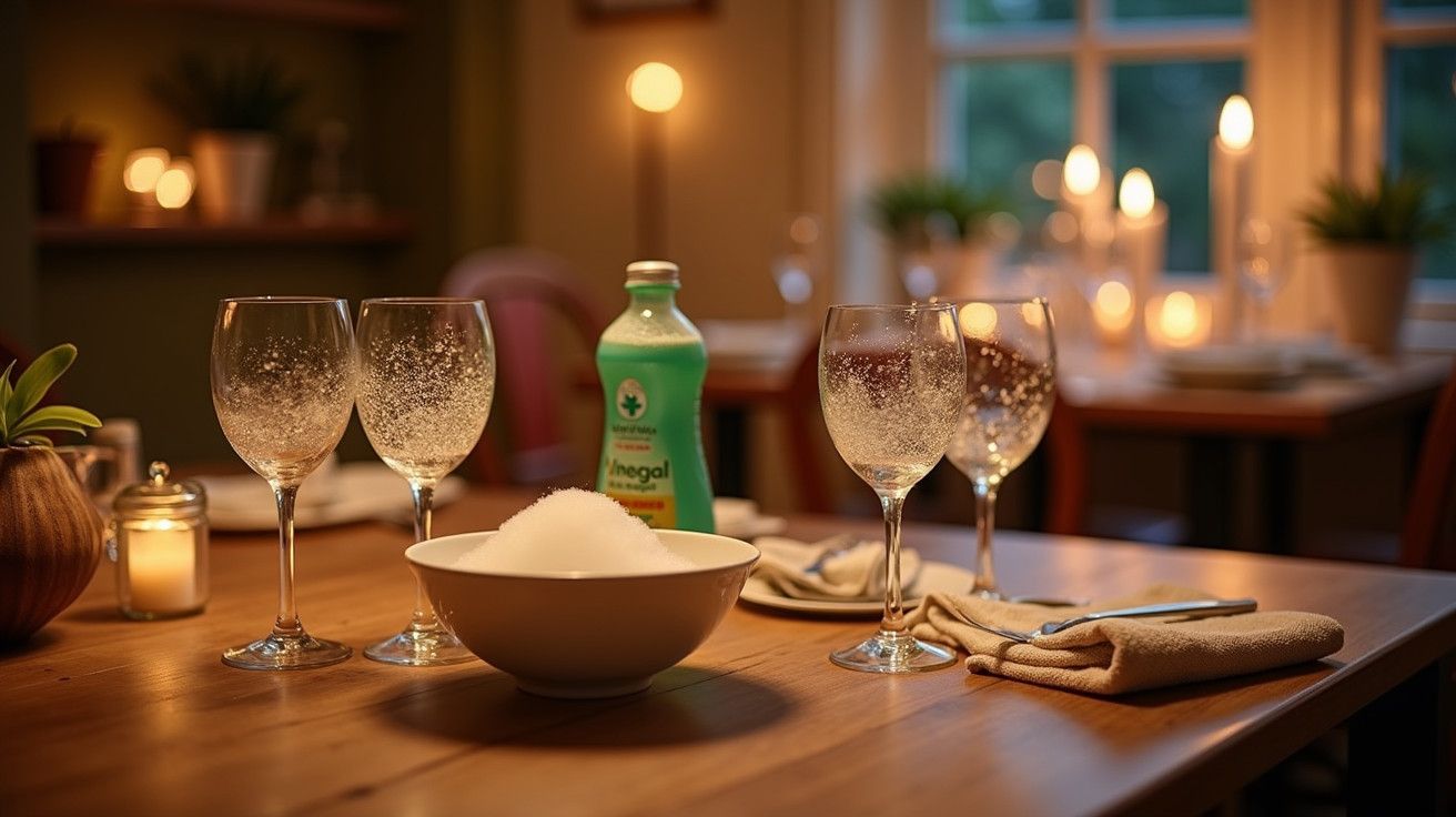 Mesa de jantar com taças, guardanapos dobrados, uma garrafa e uma tigela, ambiente iluminado por velas ao fundo.