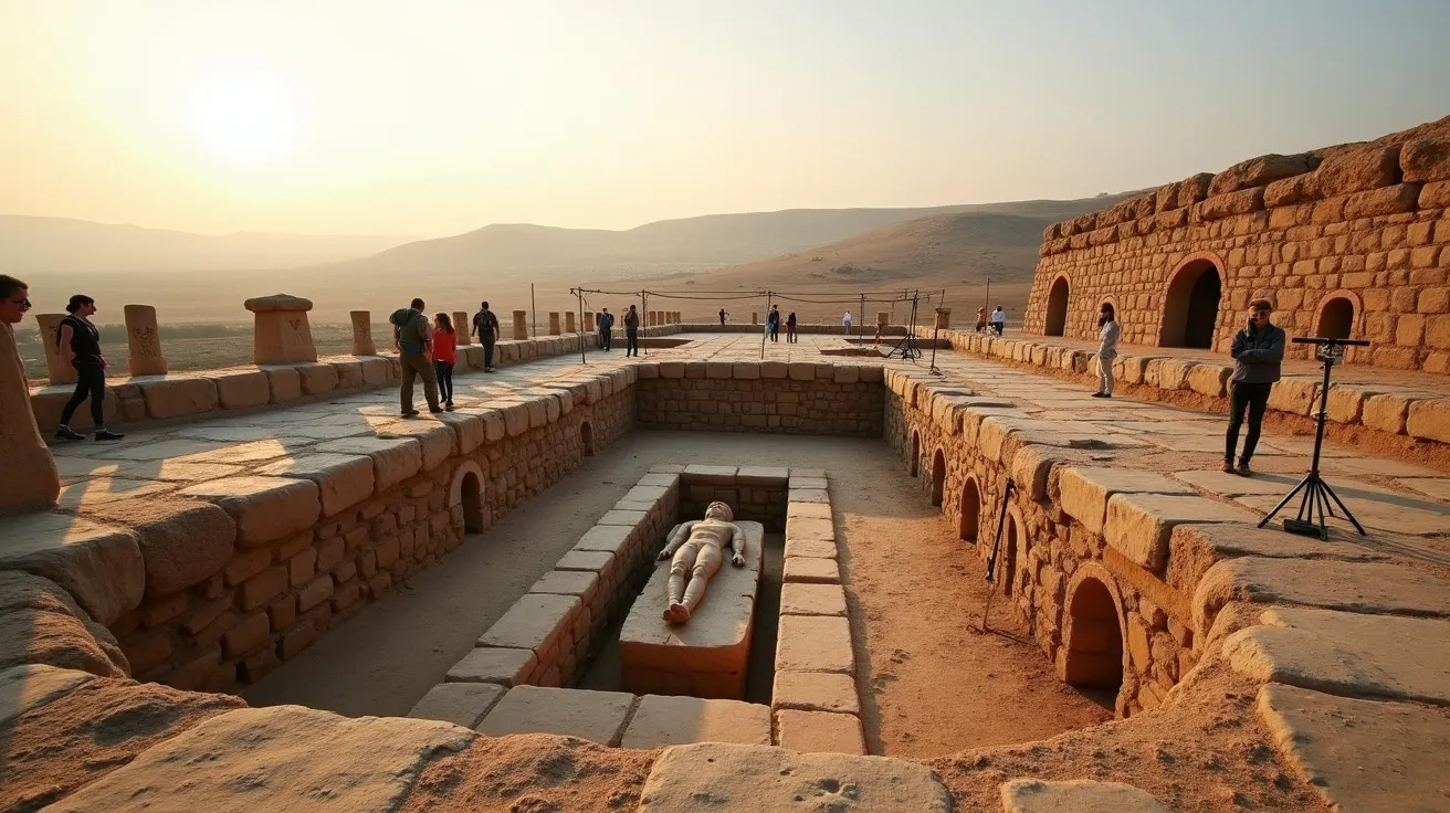 Ruínas antigas ao pôr do sol com estátua deitada em sarcófago e visitantes ao redor, montanhas ao fundo.