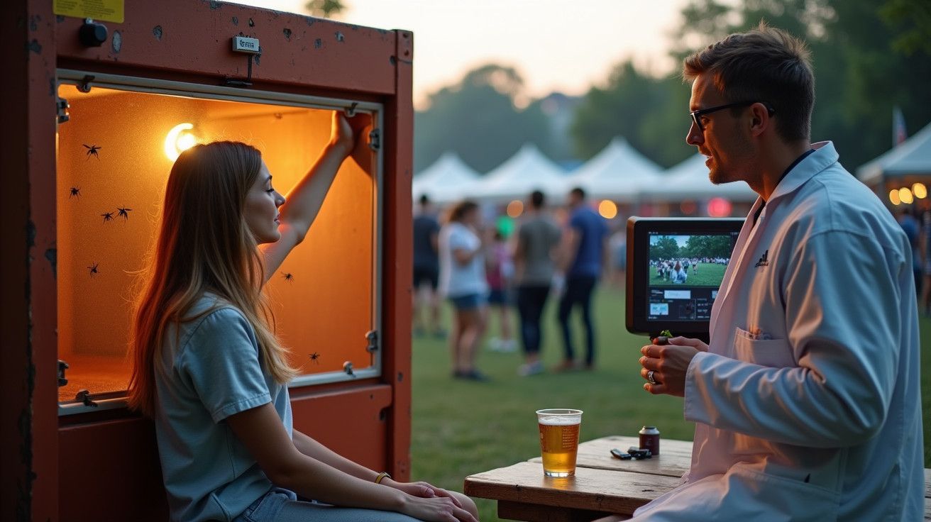 Mulher em caixa de exposição a mosquitos, conversando com homem de jaleco ao ar livre, com festa ao fundo.