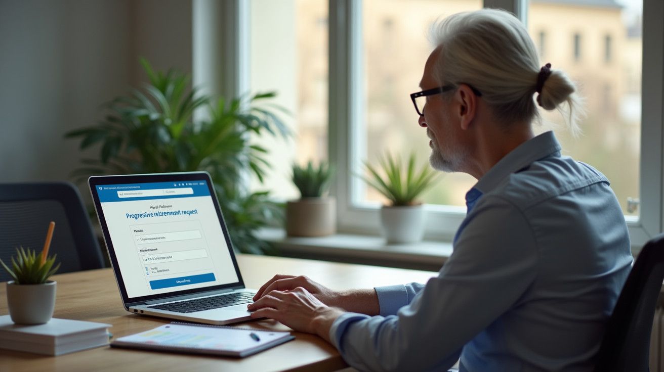 Homem de cabelos grisalhos usando laptop em escritório, janela ao fundo e plantas na mesa.