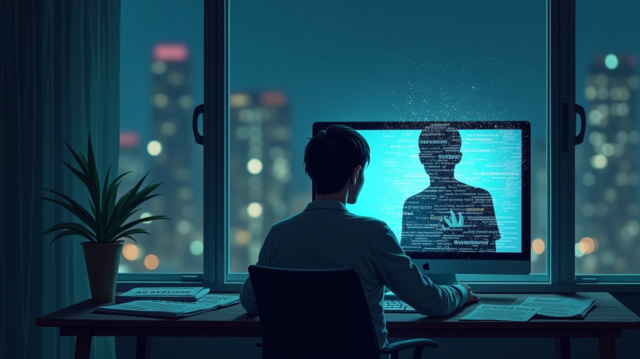 Homem sentado à mesa olhando para tela de computador com avatar digital, noite urbana ao fundo.