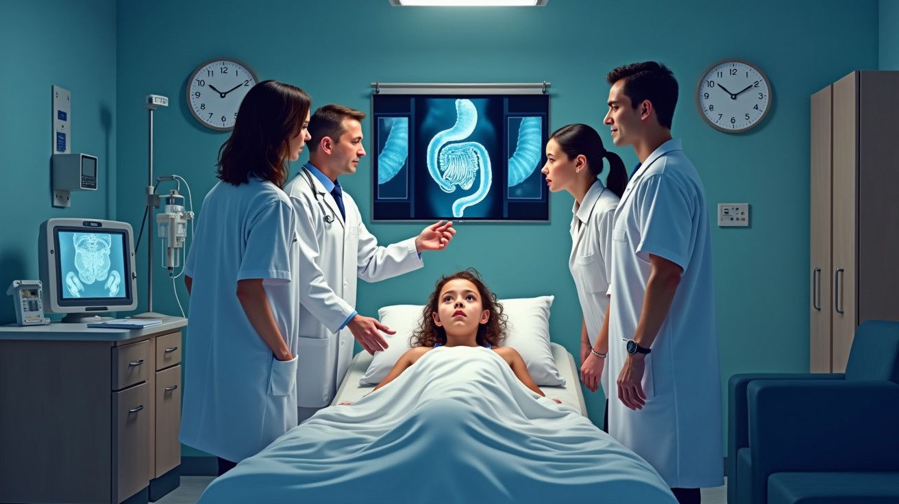 Equipe médica em avaliação com paciente em leito hospitalar, imagens de raio-X no fundo, em uma sala iluminada.