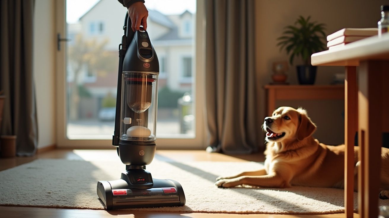 Pessoa usando aspirador de pó em uma sala iluminada pelo sol, enquanto cachorro observa deitado no tapete.