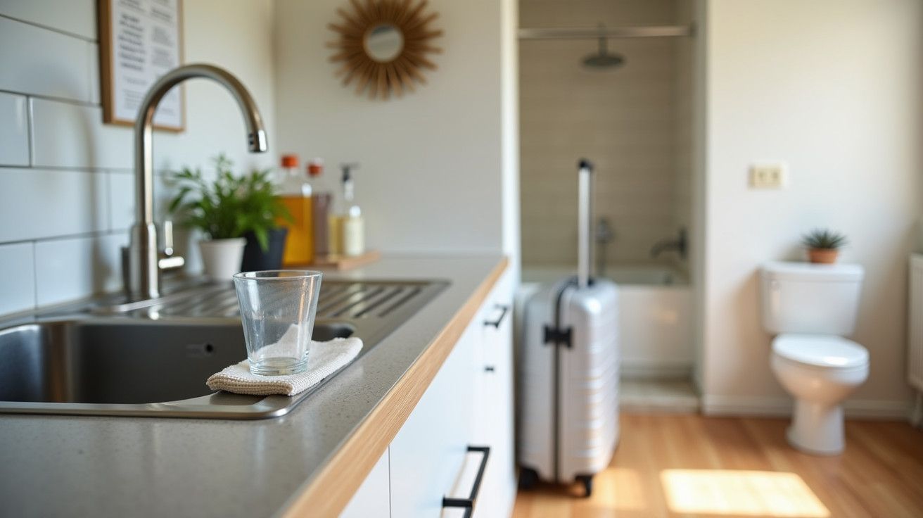 Cozinha moderna com pia em foco, copo no balcão, banheiro ao fundo com mala prateada e vaso sanitário visíveis.