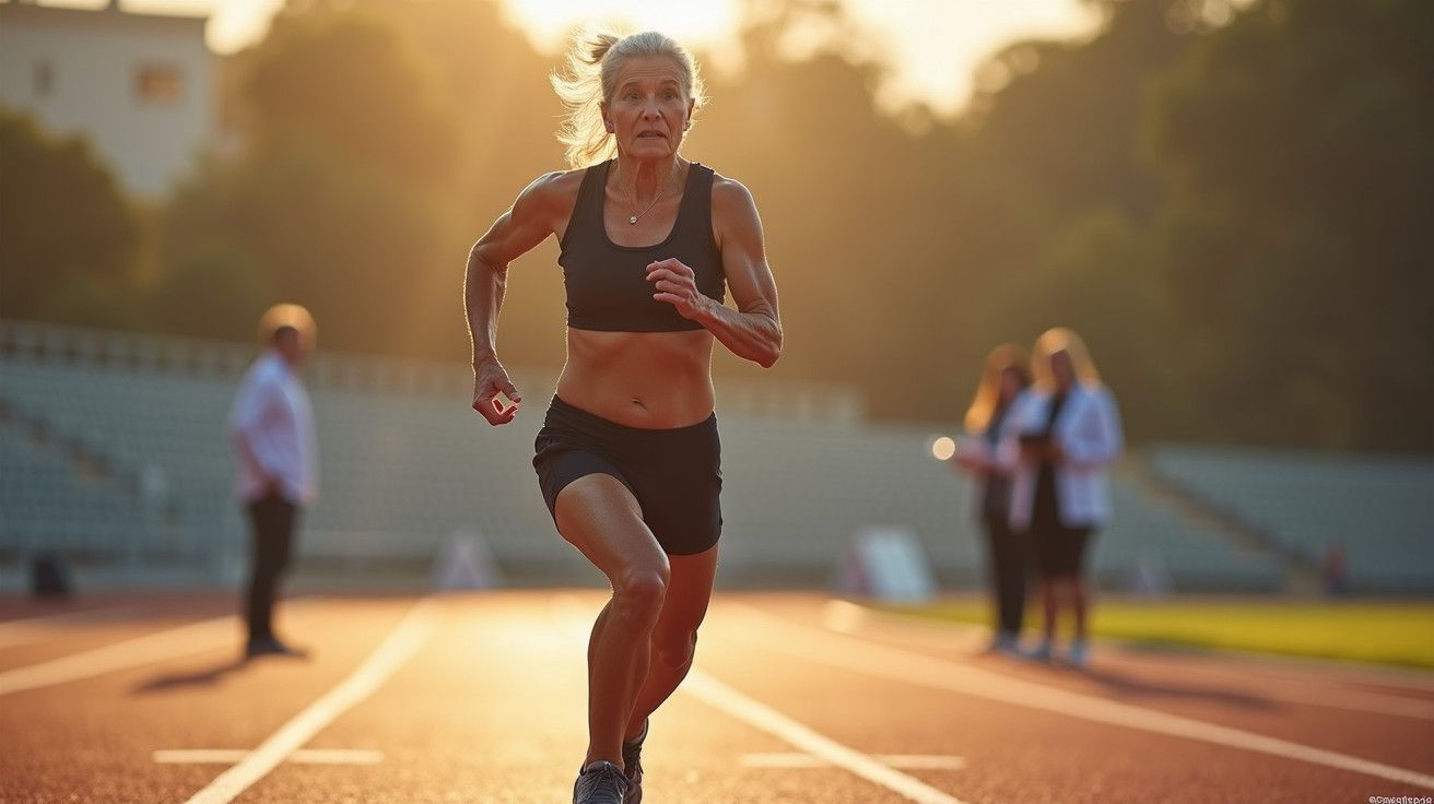 Mulher idosa correndo em uma pista de atletismo ao pôr do sol, com pessoas ao fundo.