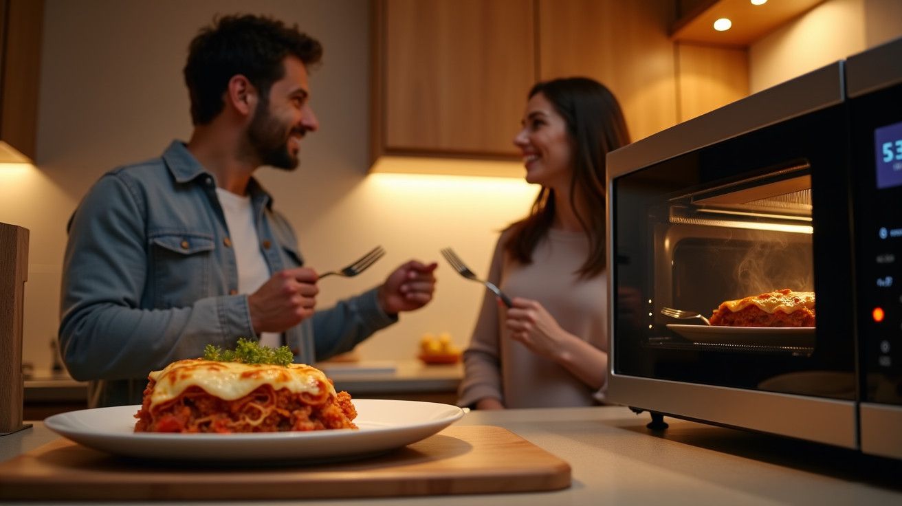Casal sorrindo comendo lasanha em uma cozinha, com forno ao fundo.