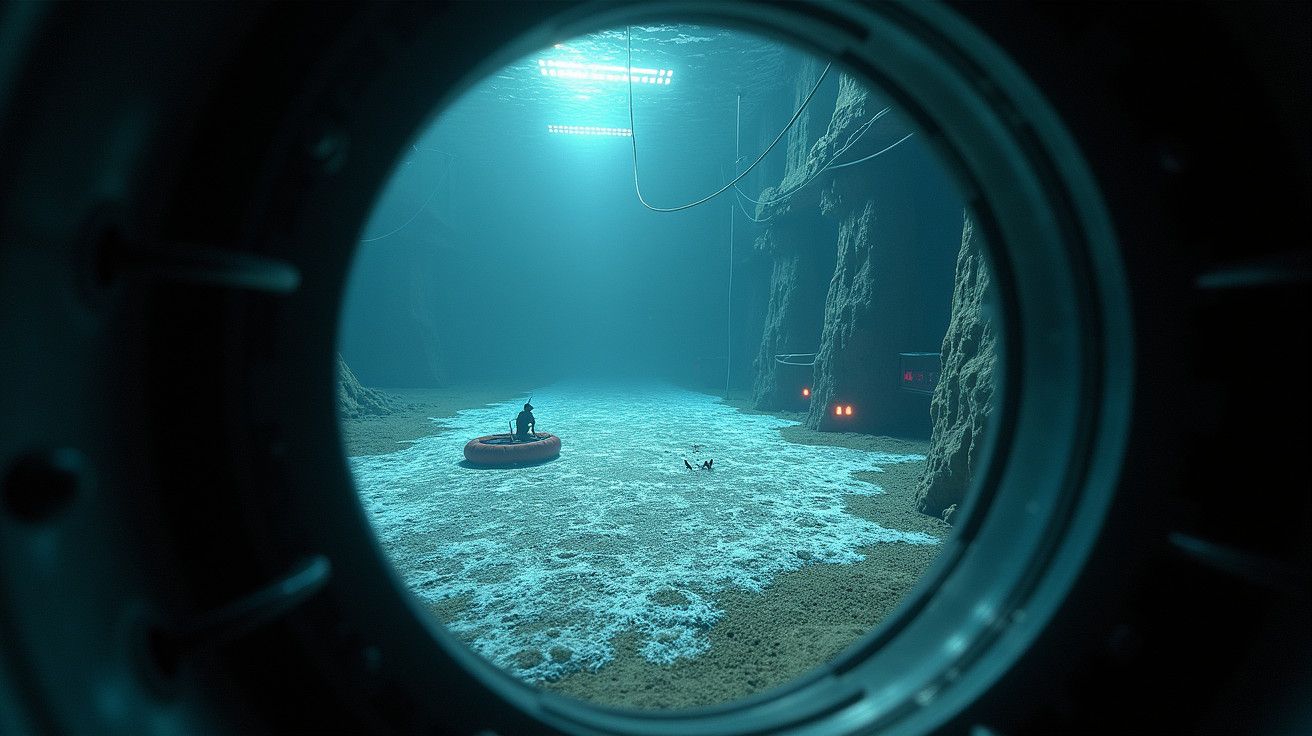 Visão de interior de caverna subaquática com pessoa em bote e escotilha ao redor.