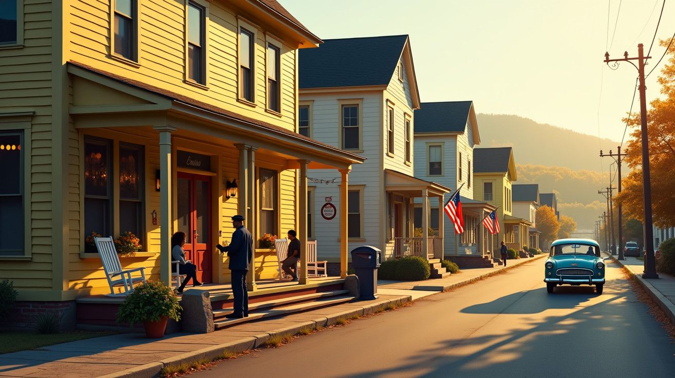 Rua tranquila com casas amarelas e bandeiras dos EUA. Pessoas conversam nas varandas. Carro antigo estacionado.