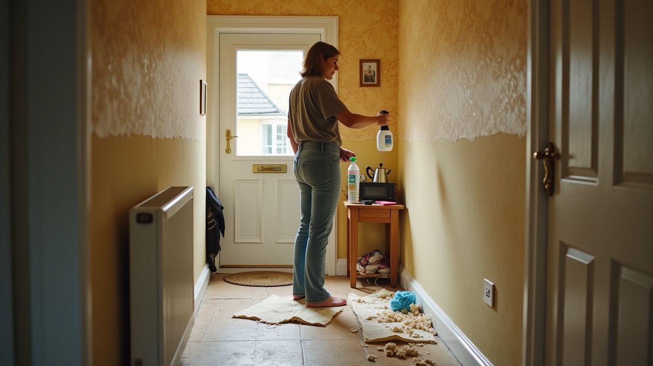 Mulher reforma corredor, segurando frasco de spray próximo à porta; móveis e materiais espalhados pelo chão.