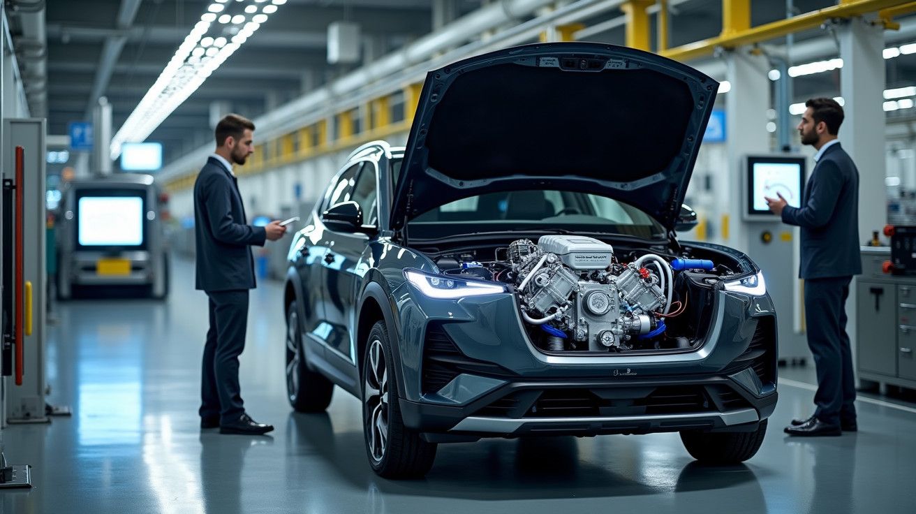 Carro com capô aberto em fábrica, dois homens em terno ao redor, analisando tablets.