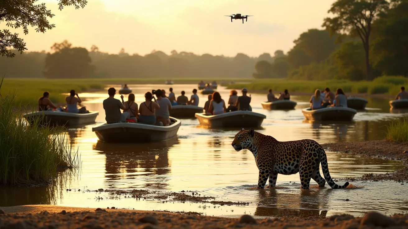 Pessoas em barcos observam um jaguar em rio enquanto um drone sobrevoa, ao entardecer em área com vegetação.