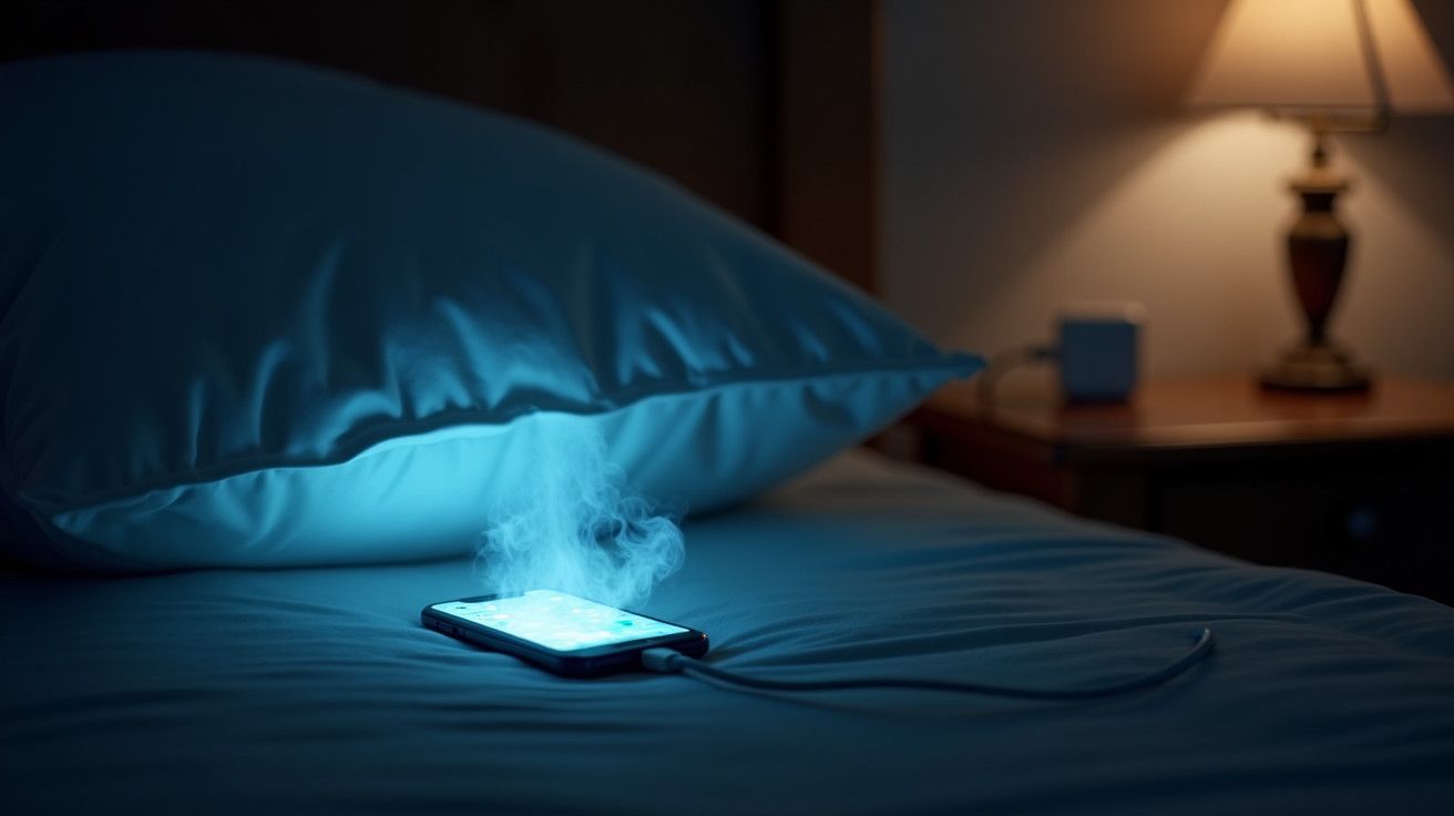 Smartphone carregando na cama com fumaça saindo, ao lado de um abajur aceso.