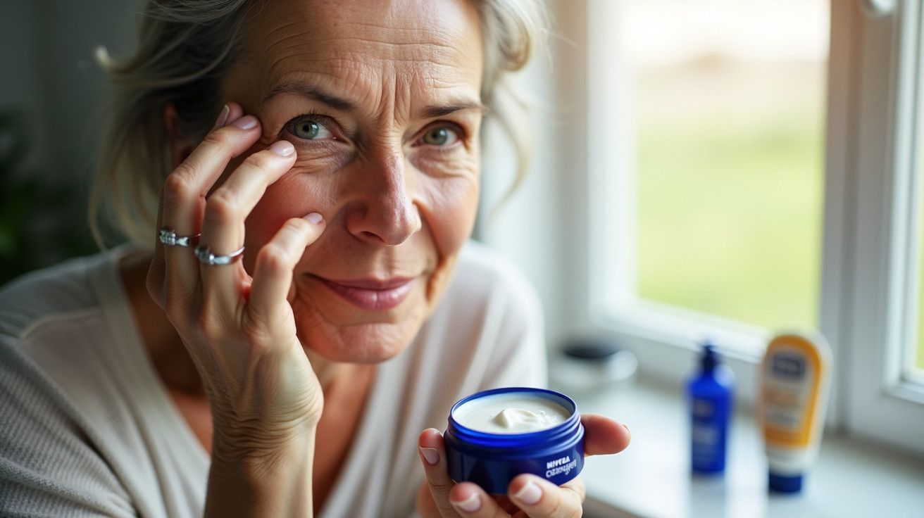 Mulher aplica creme facial, segurando pote azul, sentada perto de janela com luz natural.