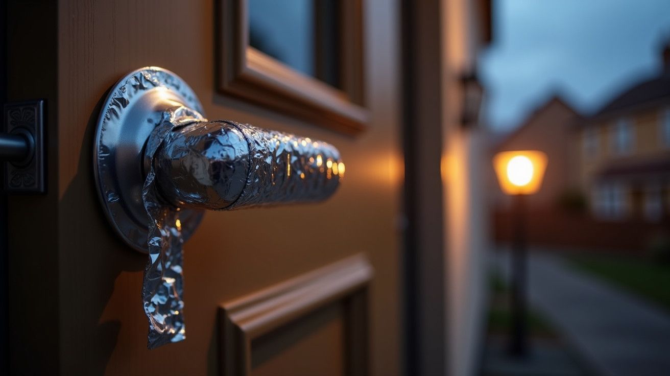 Maçaneta de porta coberta com papel alumínio, foco próximo; poste de luz aceso ao fundo.