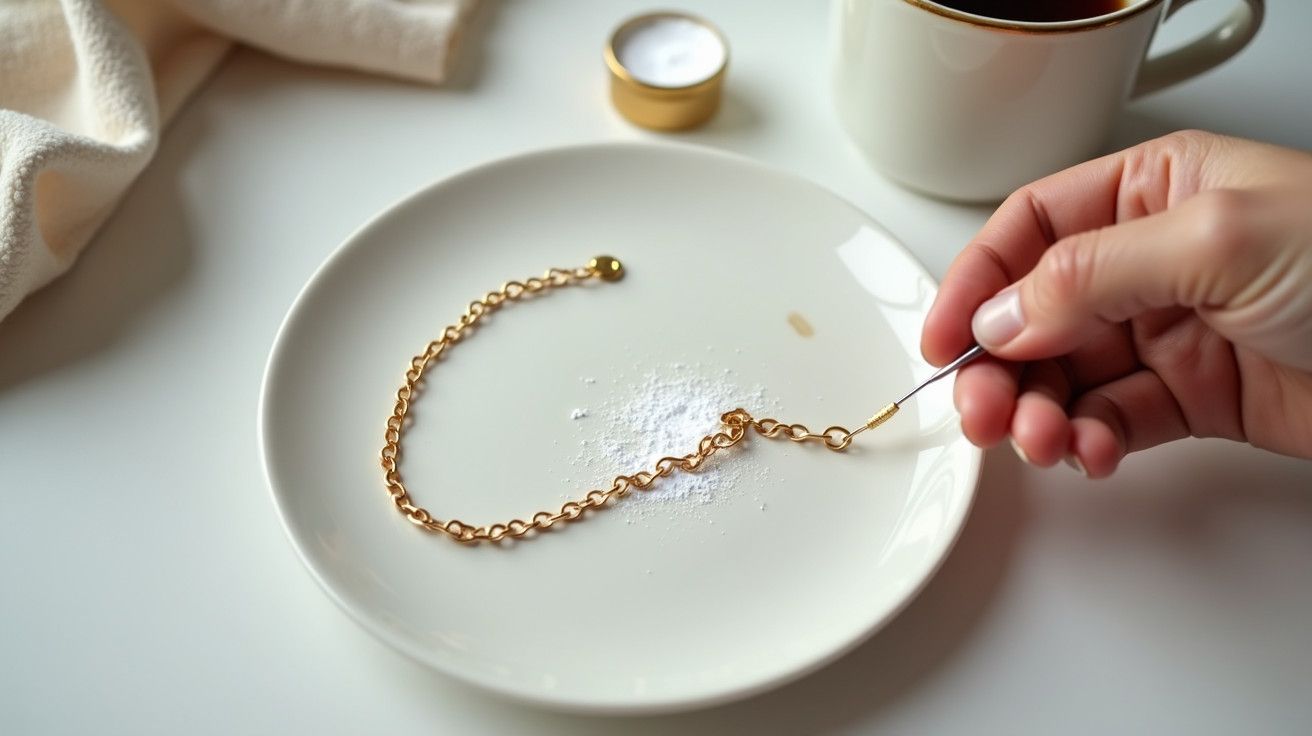 Mão limpando corrente dourada em prato branco com pó de limpeza, vela e xícara ao fundo.