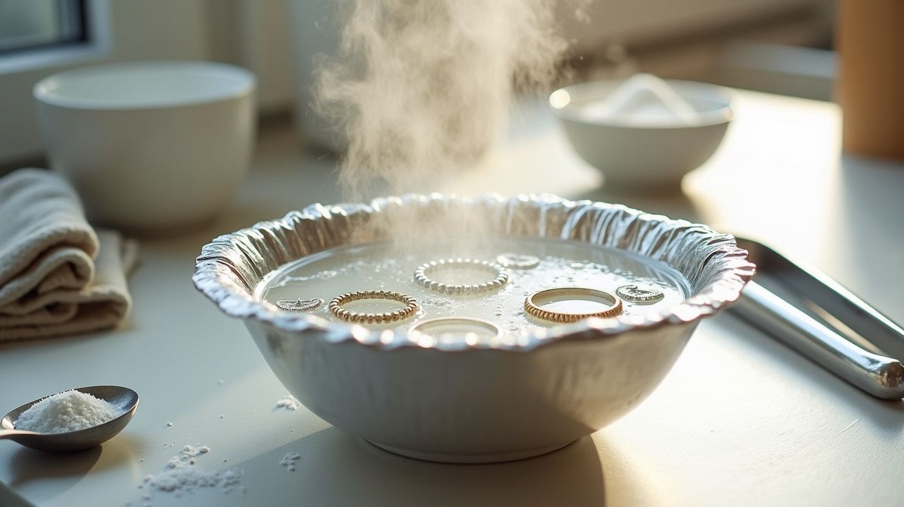 Tigela com água quente e anéis de metal em solução espumante, ao lado de utensílios e toalha dobrada.