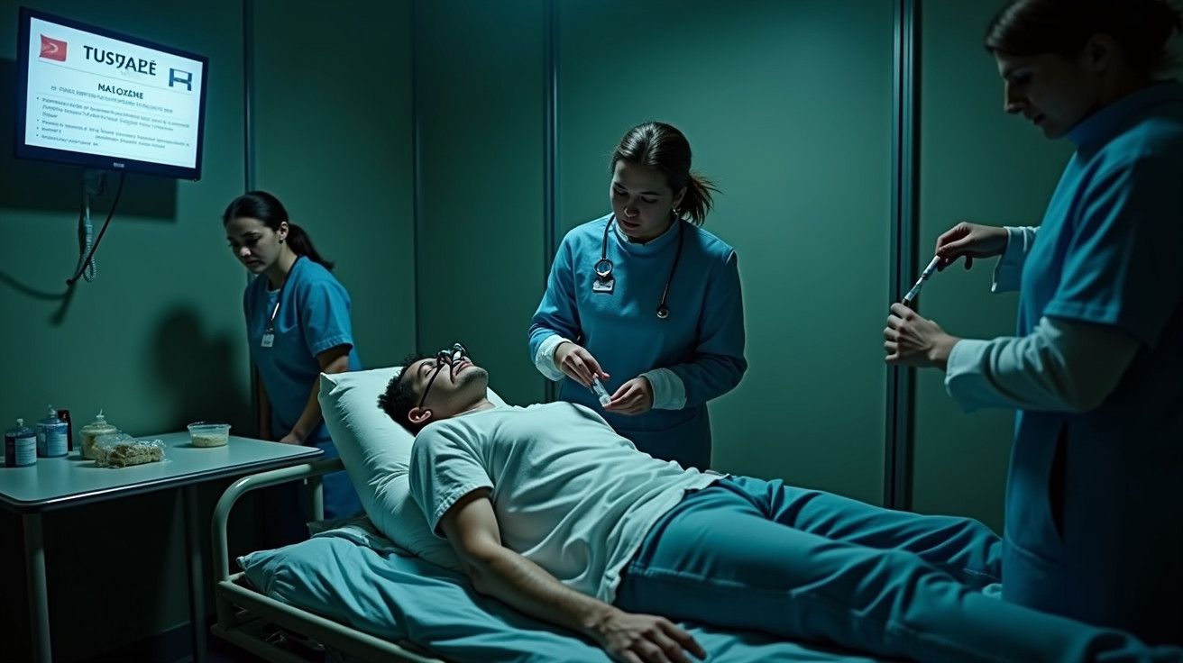 Paciente deitado em uma maca em sala de hospital, cercado por três profissionais de saúde em uniforme azul.