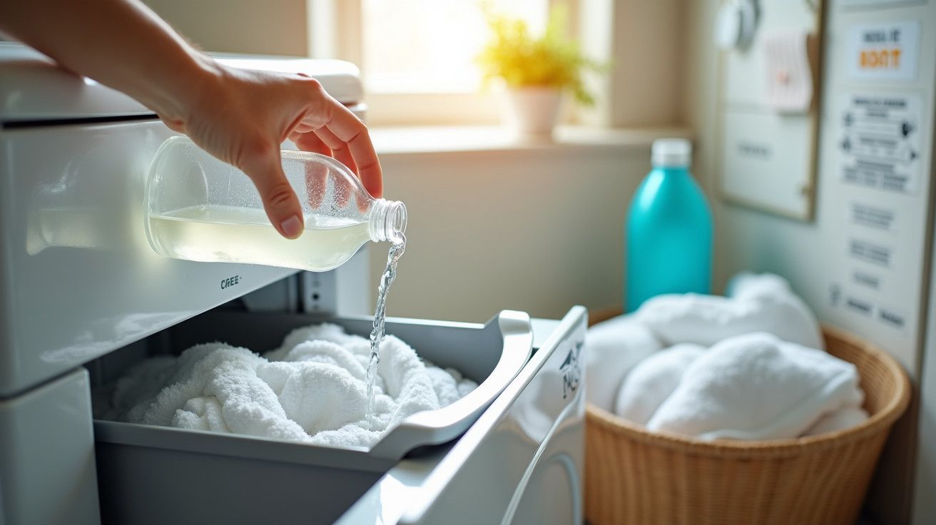 Pessoa despeja sabão líquido na máquina de lavar roupas cheia de toalhas brancas, em uma lavanderia iluminada pelo sol.