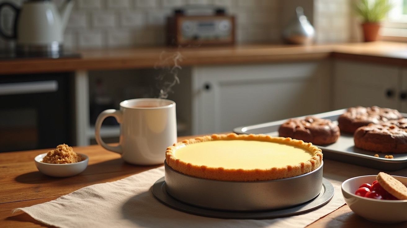 Torta de limão em bancada de cozinha com xícara de chá, biscoitos e bolinhos ao fundo.