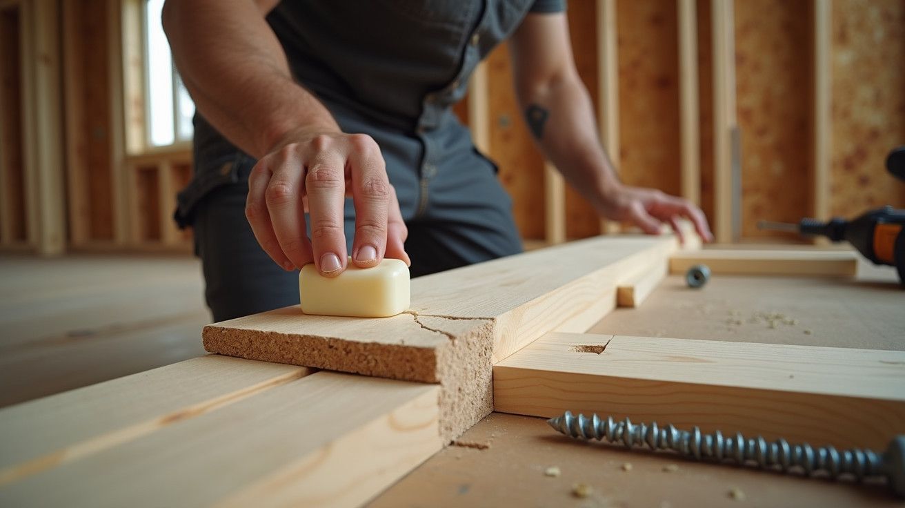 Pessoa preenchendo rachadura em madeira com sabão em construção de casa.