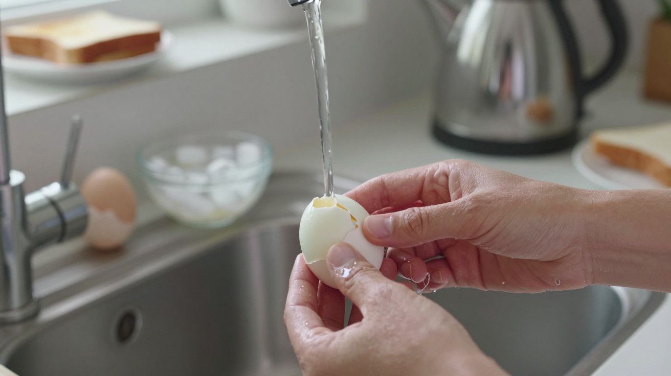 Mãos seguram ovo cozido sendo descascado embaixo de torneira ligada na pia da cozinha.