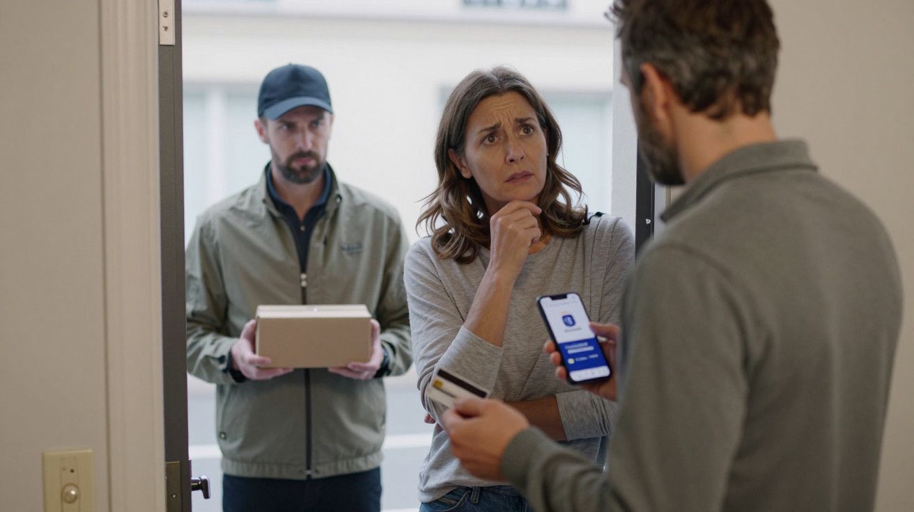 Homem com celular mostra tela para mulher pensativa e entregador com pacote em pé à porta.