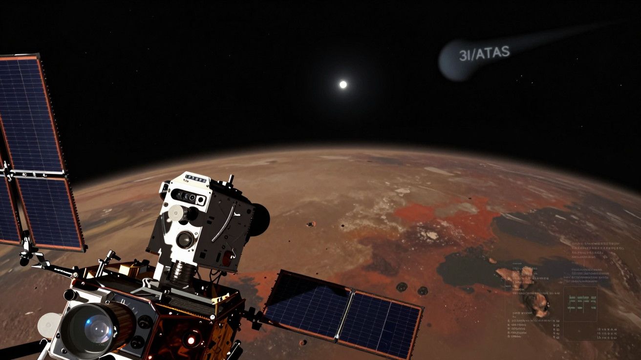 Sonda espacial orbitando Marte com painéis solares visíveis, cometa 3I/ATAS no fundo e sol brilhando.