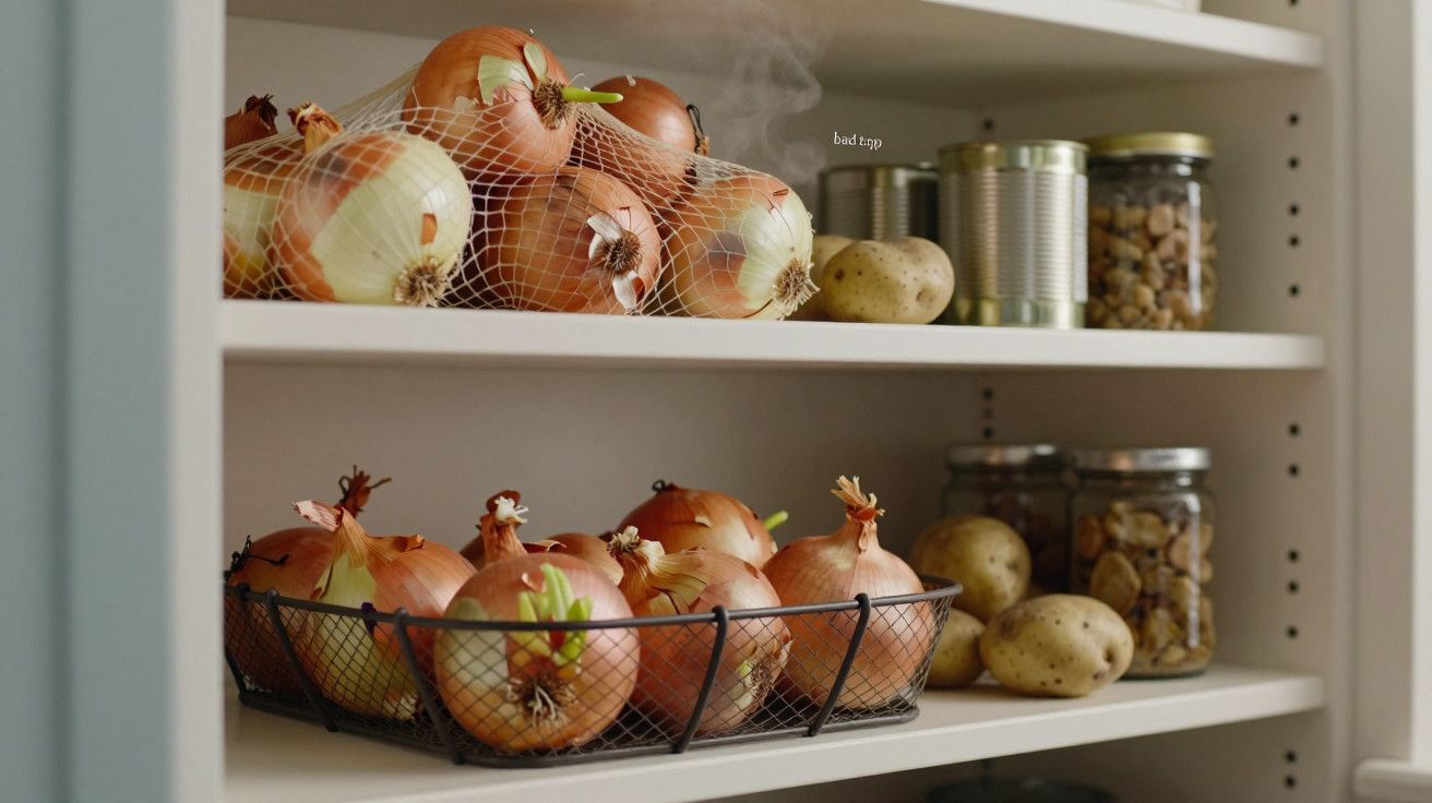 Prateleira com cebolas em cestos, batatas e potes de vidro com grãos, ao lado de latas de metal.