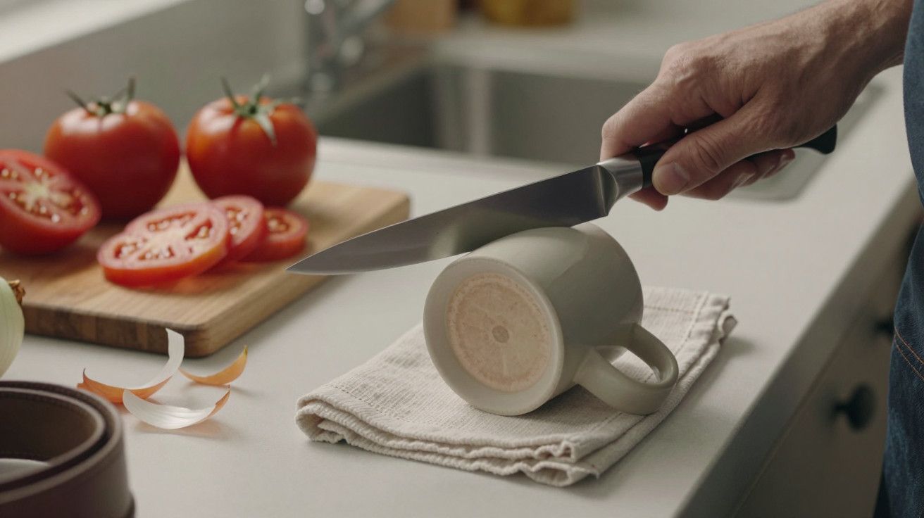 Mão afiando faca em caneca de cerâmica em bancada de cozinha, com tomates e cebola ao fundo.