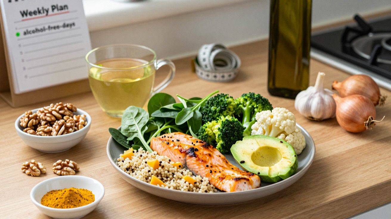 Prato com salmão grelhado, abacate, espinafre, brócolis, couve-flor e quinoa. Nozes e chá ao fundo.