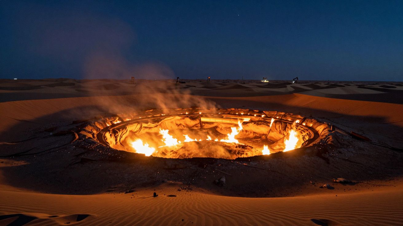 Buraco em chamas no deserto à noite, emitindo luz e fumaça contra o céu escuro. Deserto ao fundo.