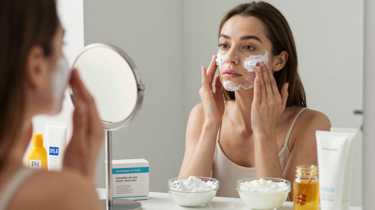 Mulher aplica creme facial olhando no espelho, cercada por produtos de cuidados com a pele sobre a bancada.