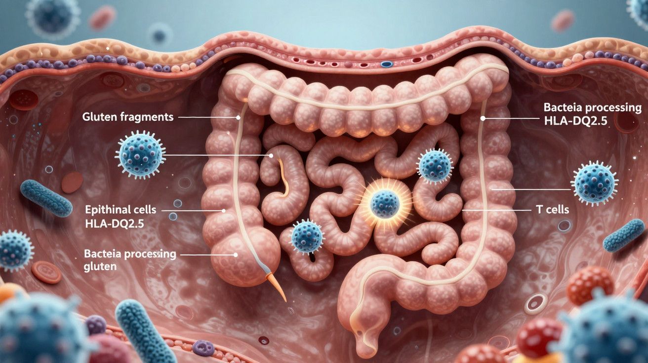 Ilustração de intestino mostrando fragmentos de glúten, células epiteliais, bactérias processando glúten e células T.