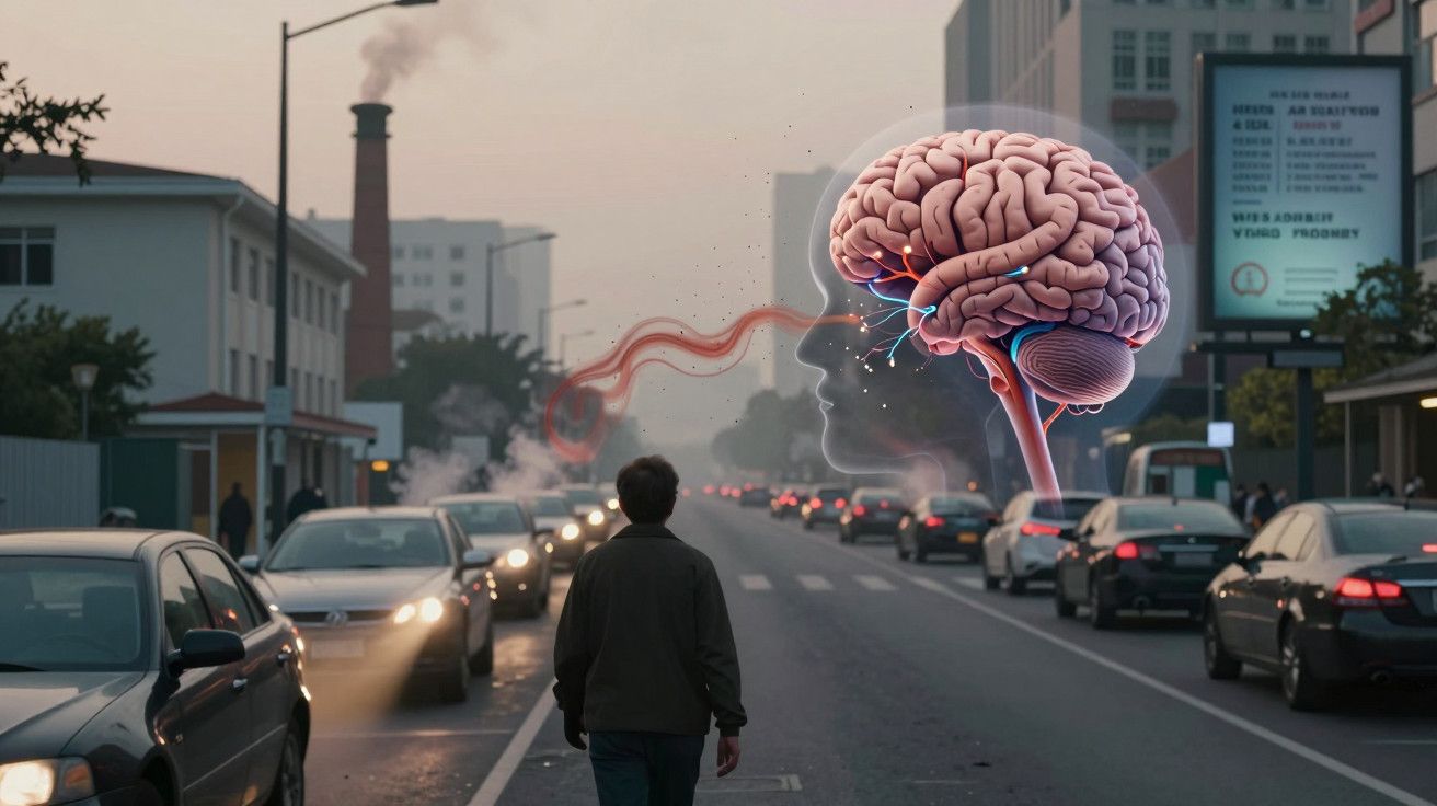 Cérebro flutuante gigante acima de uma rua movimentada, com carros e um pedestre caminhando ao centro.