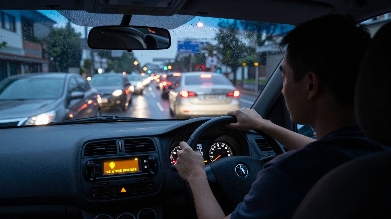 Motorista dirigindo em congestionamento sob chuva, vendo luzes de freio à frente através do para-brisa molhado.