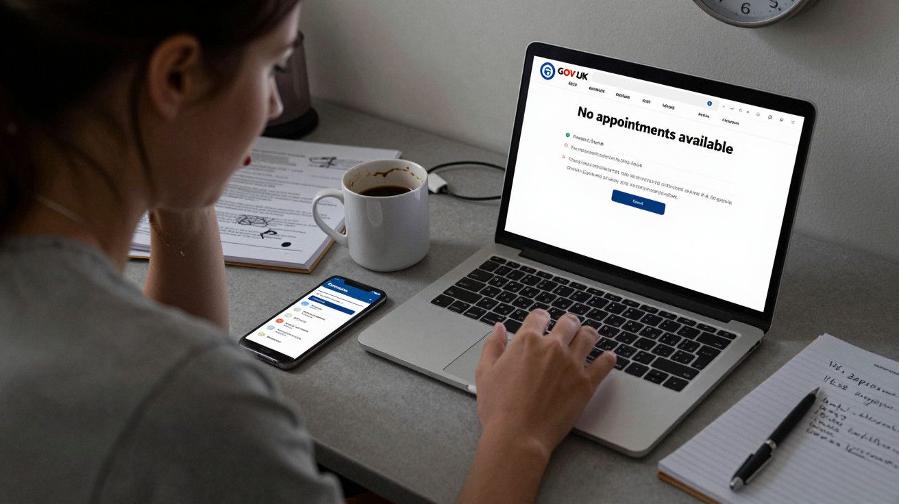 Mulher usando notebook com mensagem "No appointments available" e celular na mesa ao lado de um café.